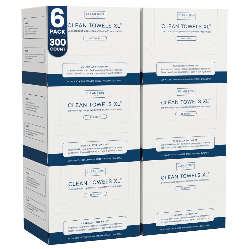 Clean Skin Club Clean Towels XL 6-pack box for quick, clean facial drying.