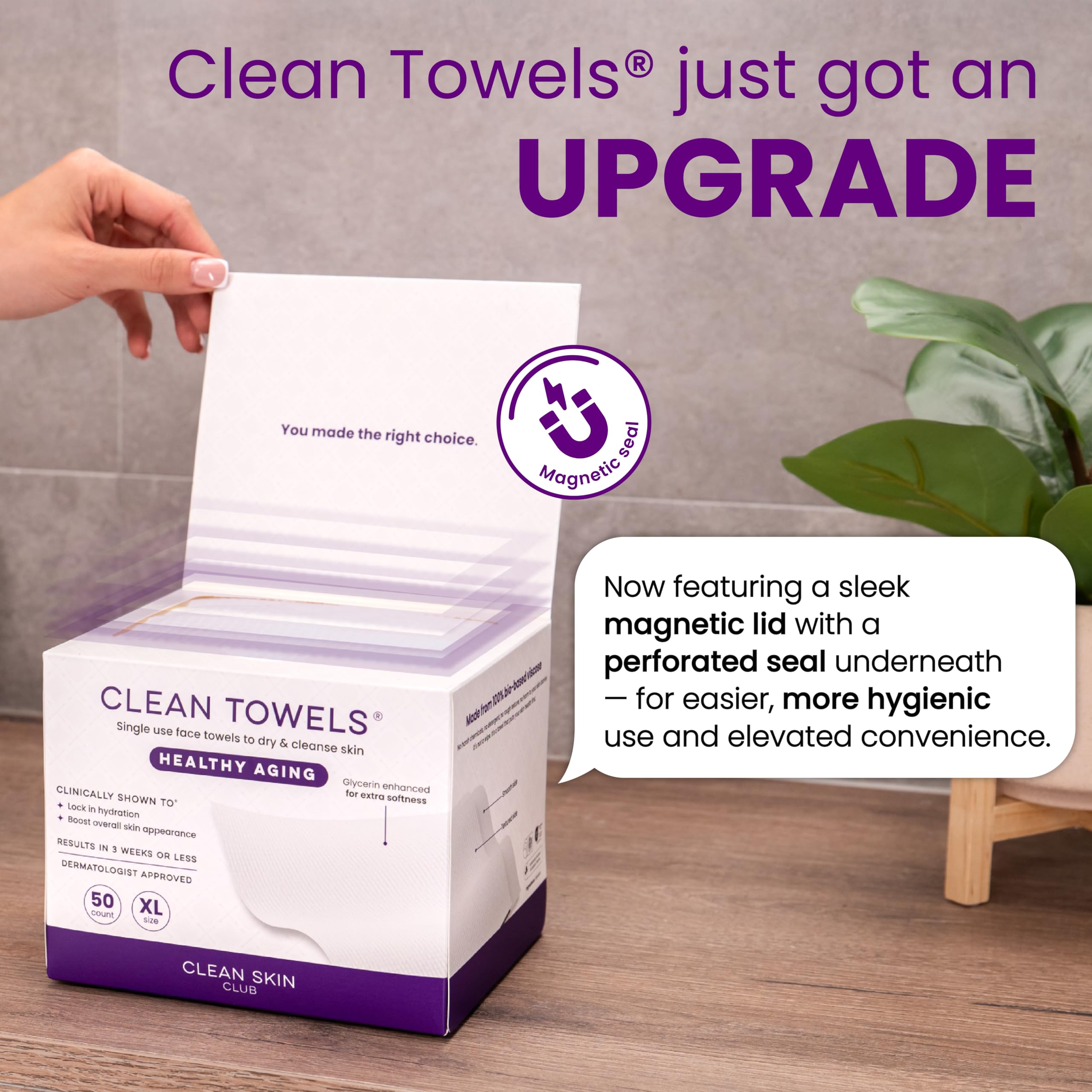 Clean Skin Club Clean Towels XL dermatologist-tested badge signals safe skin use.