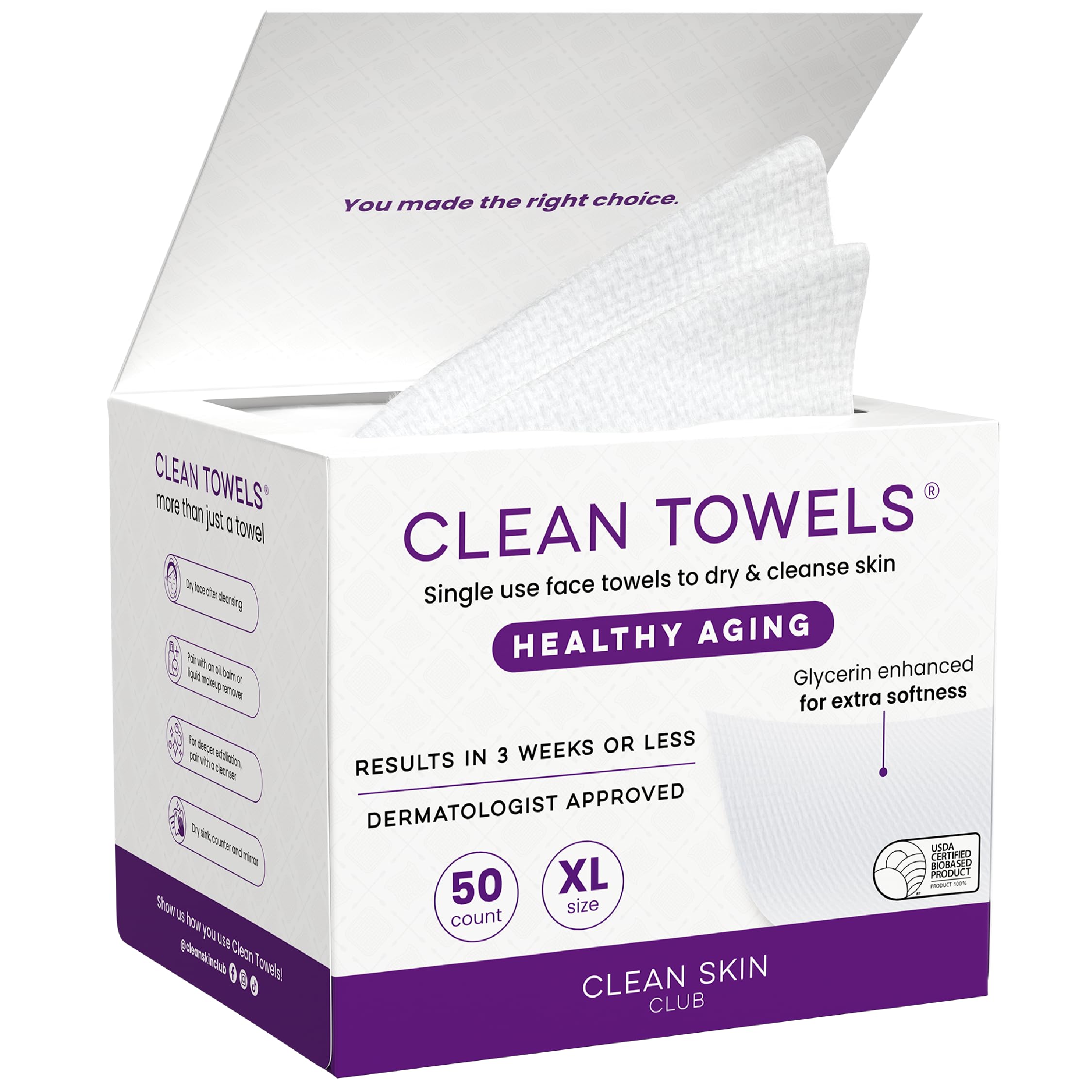 Clean Skin Club Clean Towels XL packaging, premium disposable face towels for home or travel.
