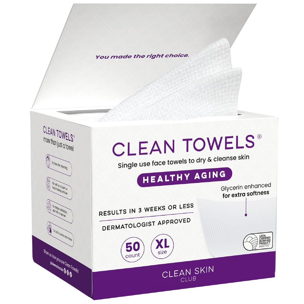 Clean Skin Club Clean Towels XL packaging, premium disposable face towels for home or travel.