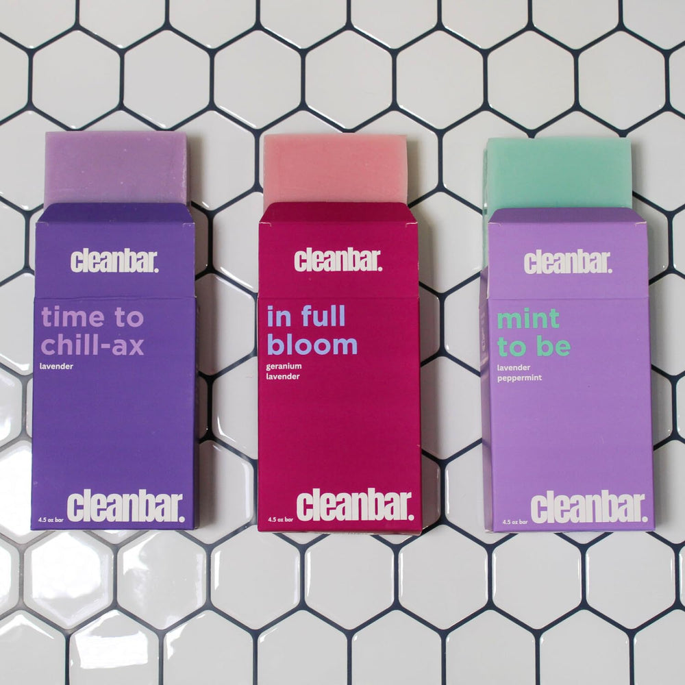 Cleanbar Mint to Be bar soap pack shot highlighting trio packaging and scent variety.