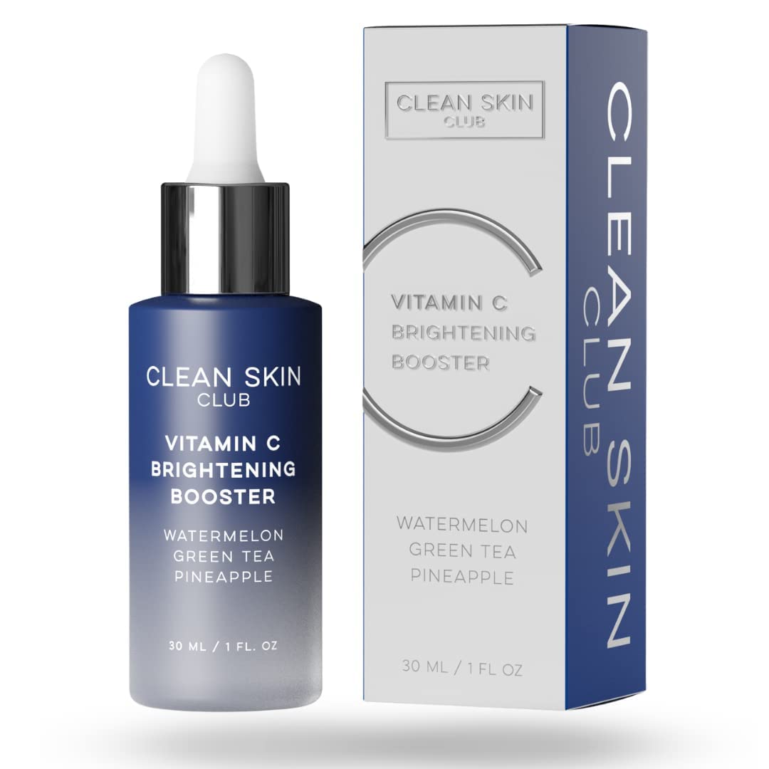 Clean Skin Club Vitamin C Serum bottle brightens and enhances a radiant complexion