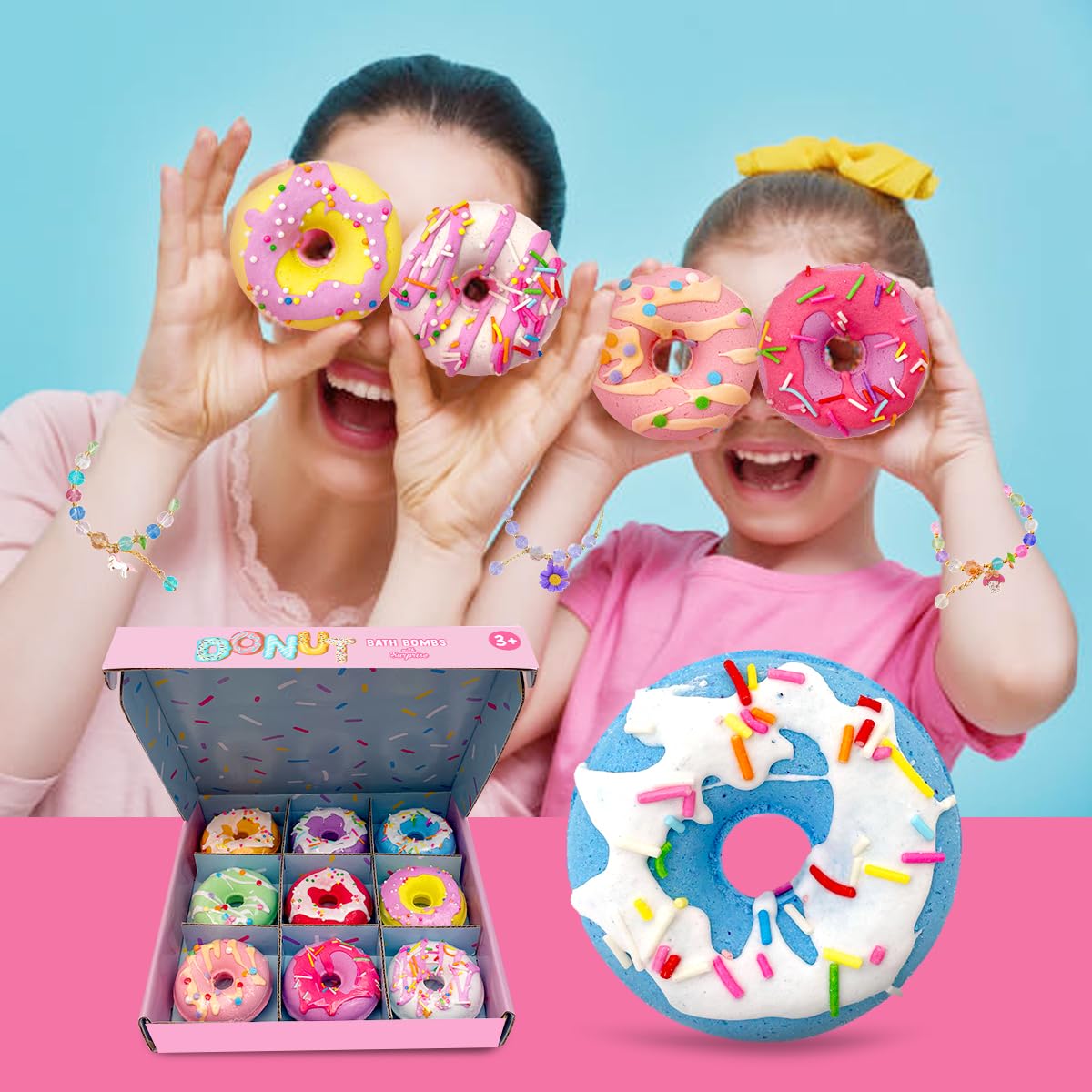 Clear and Fresh donut bath bomb with bracelet inside promises excitement during baths.