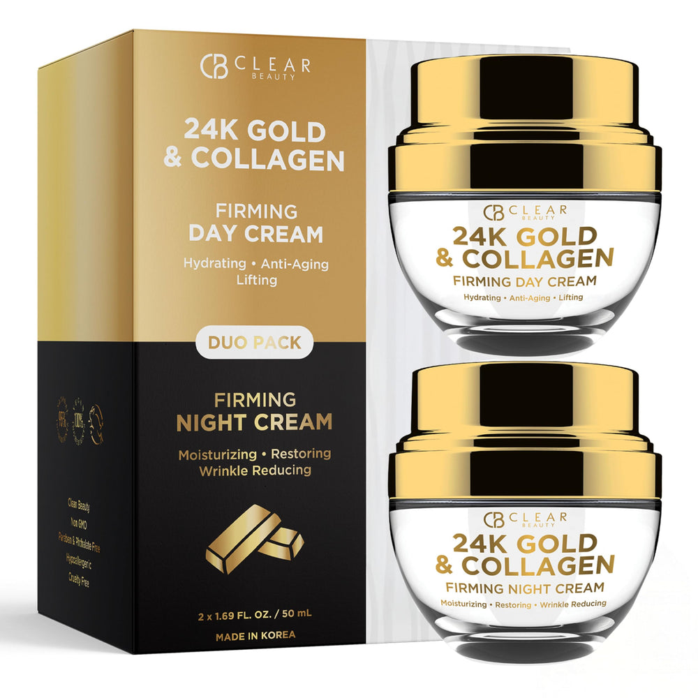 Clear Beauty 24K Gold and Collagen moisturizer bottle with subtle glow and hydration.