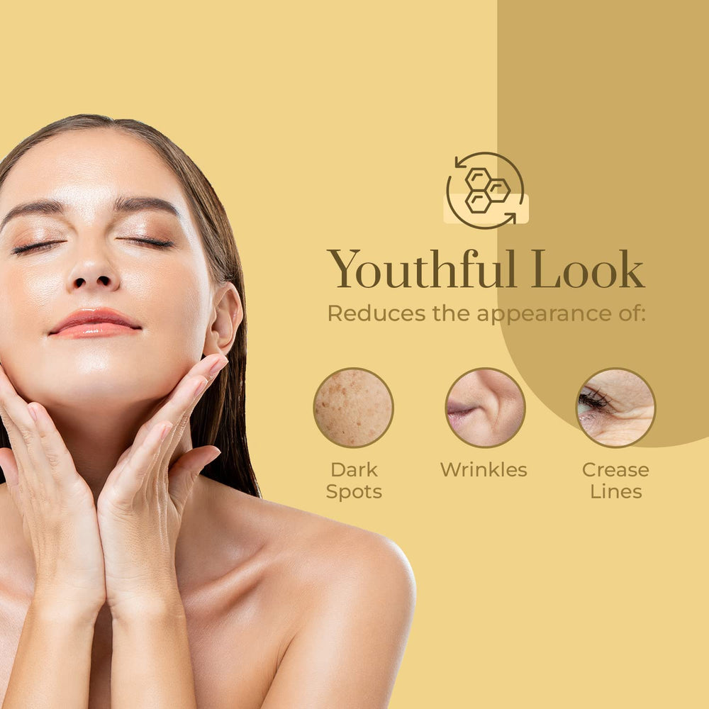 Clear Beauty application tiny amount demonstrates pea-size use for face and neck.