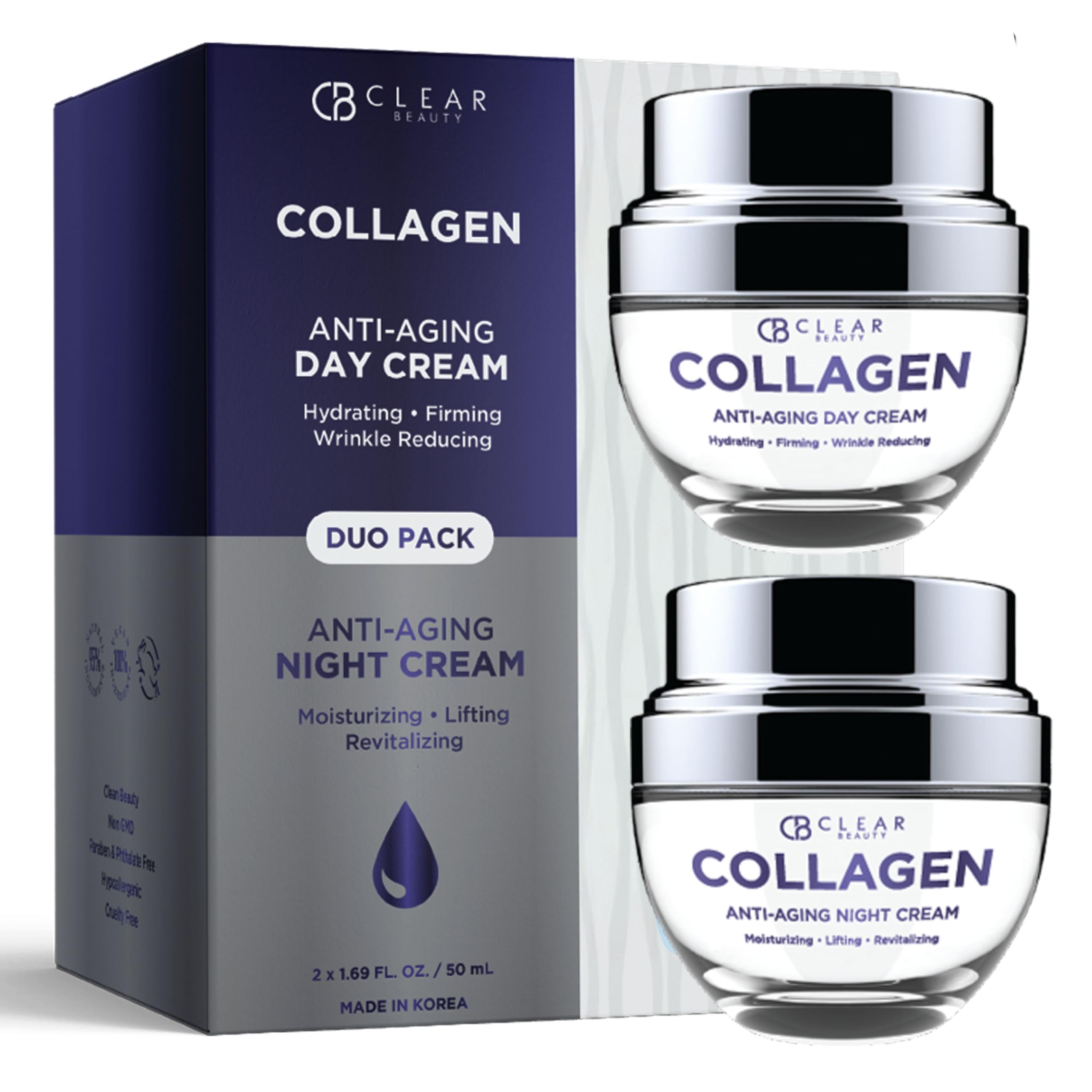 Clear Beauty Collagen Day & Night Moisturizer bottle front showing dual day and night use