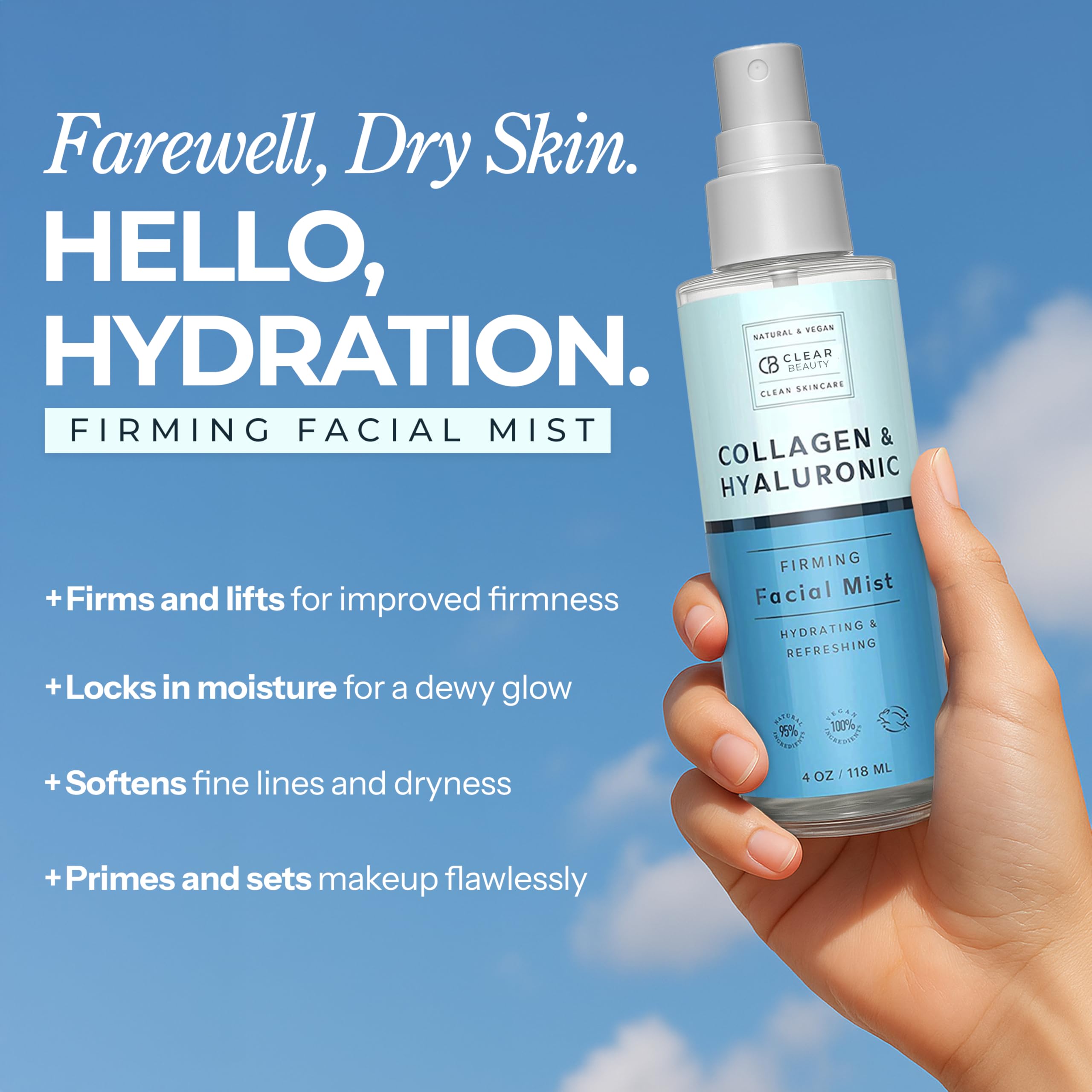 Clear Beauty Collagen-enriched mist highlights a plump, elastic-looking complexion.