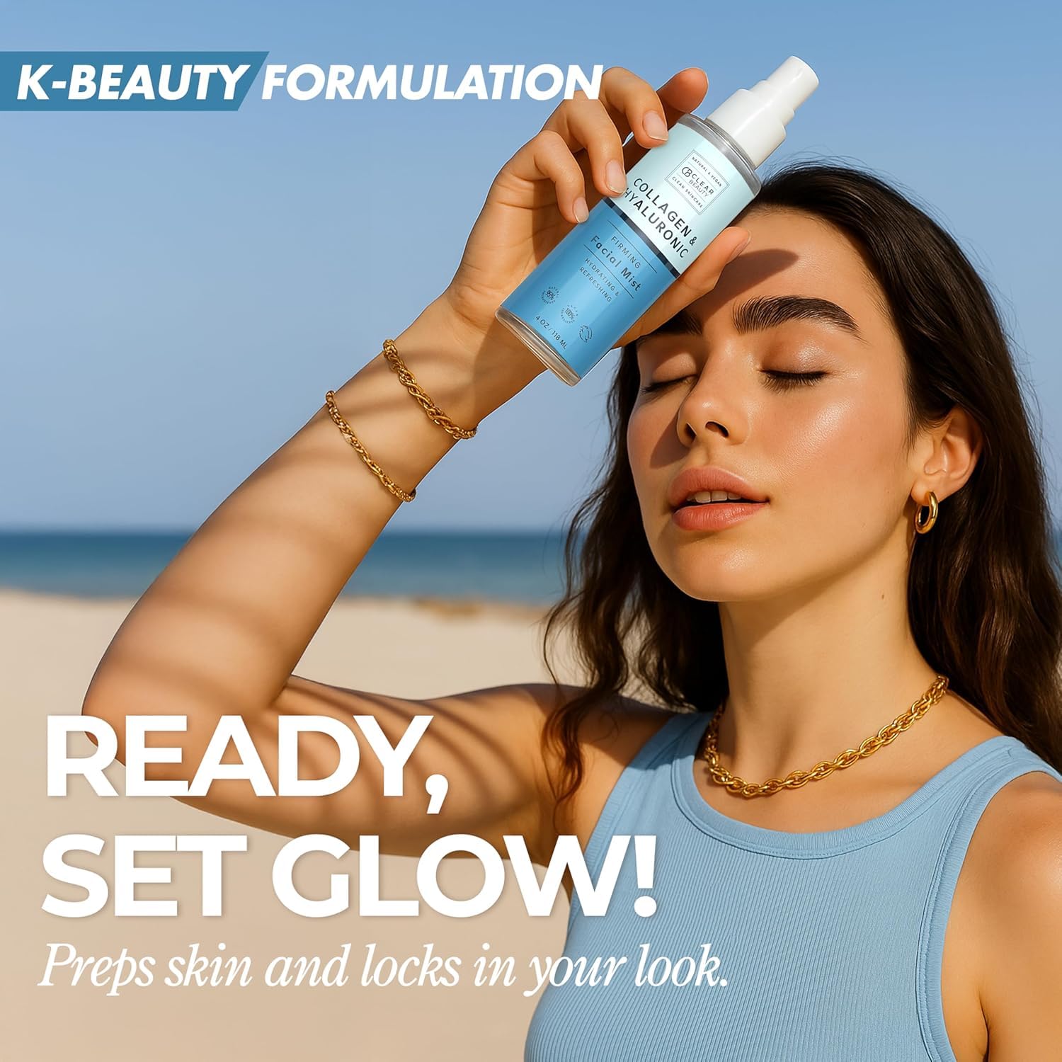 Close-up of Clear Beauty mist spraying onto skin for a refreshed, plump look