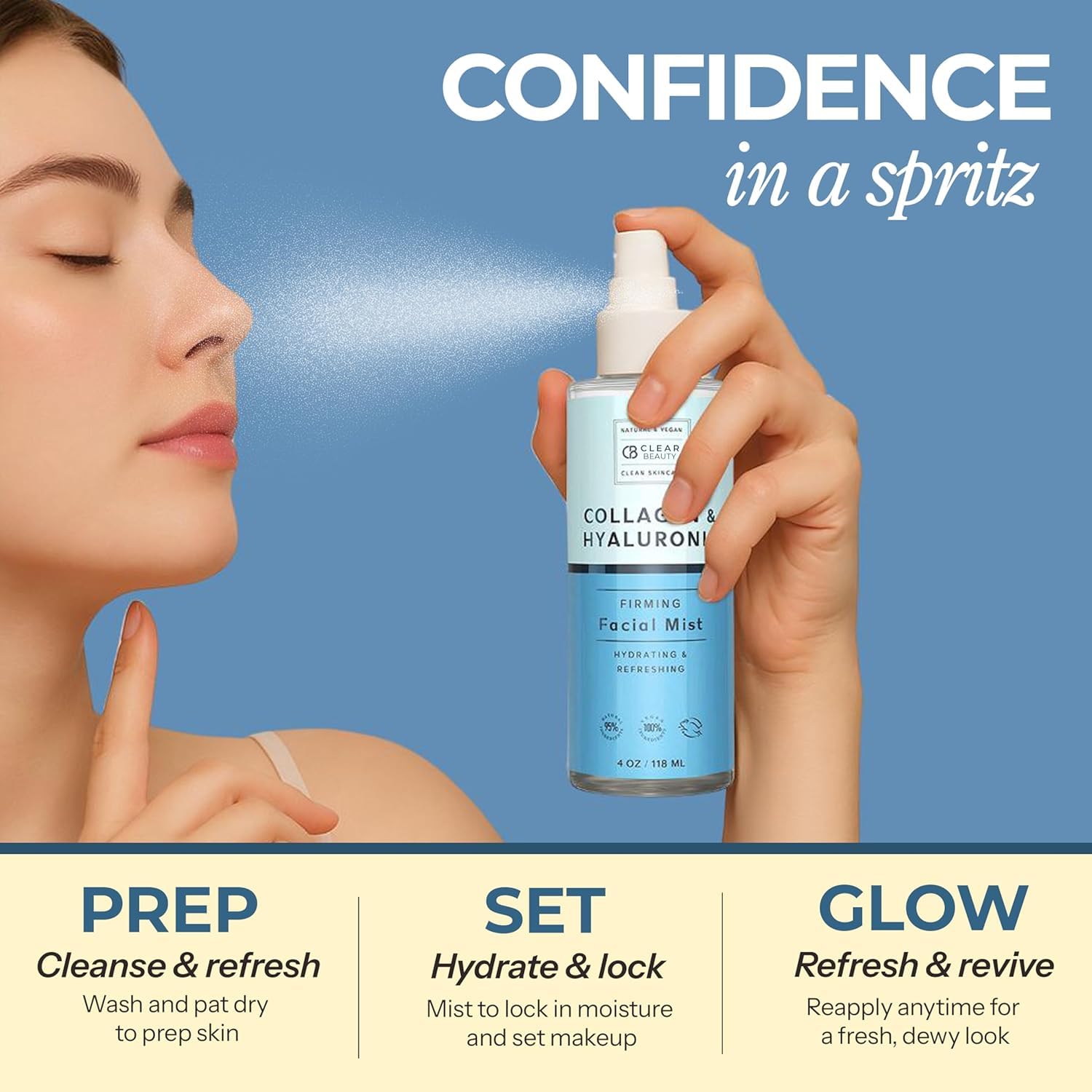 Woman applying Clear Beauty mist after a workout to cool and moisturize skin