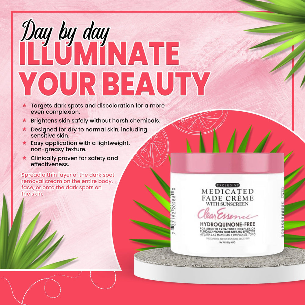 Clear Essence Fade Creme morning and night routine on plain background