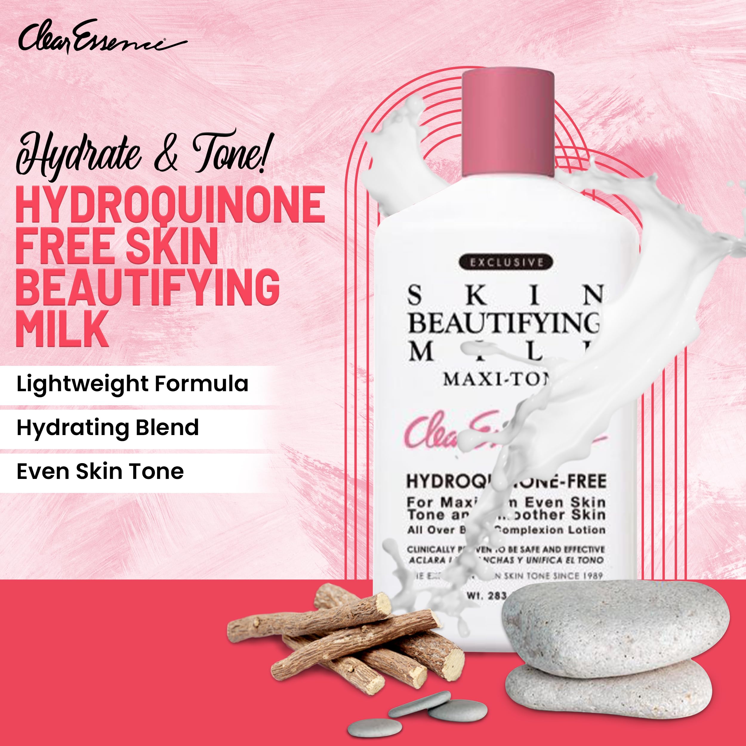 Clear Essence hydroquinone-free lotion label highlighting safe, gentle formulation.