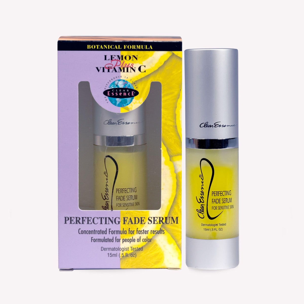 Clear Essence Lemon Plus Serum bottle showcases a brightening formula for radiant skin