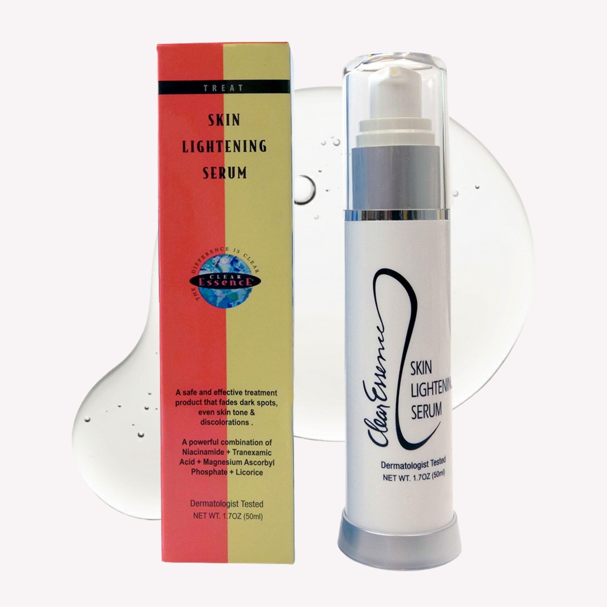 Clear Essence Skin Lightening Serum bottle front showing packaging and branding for radiant skin