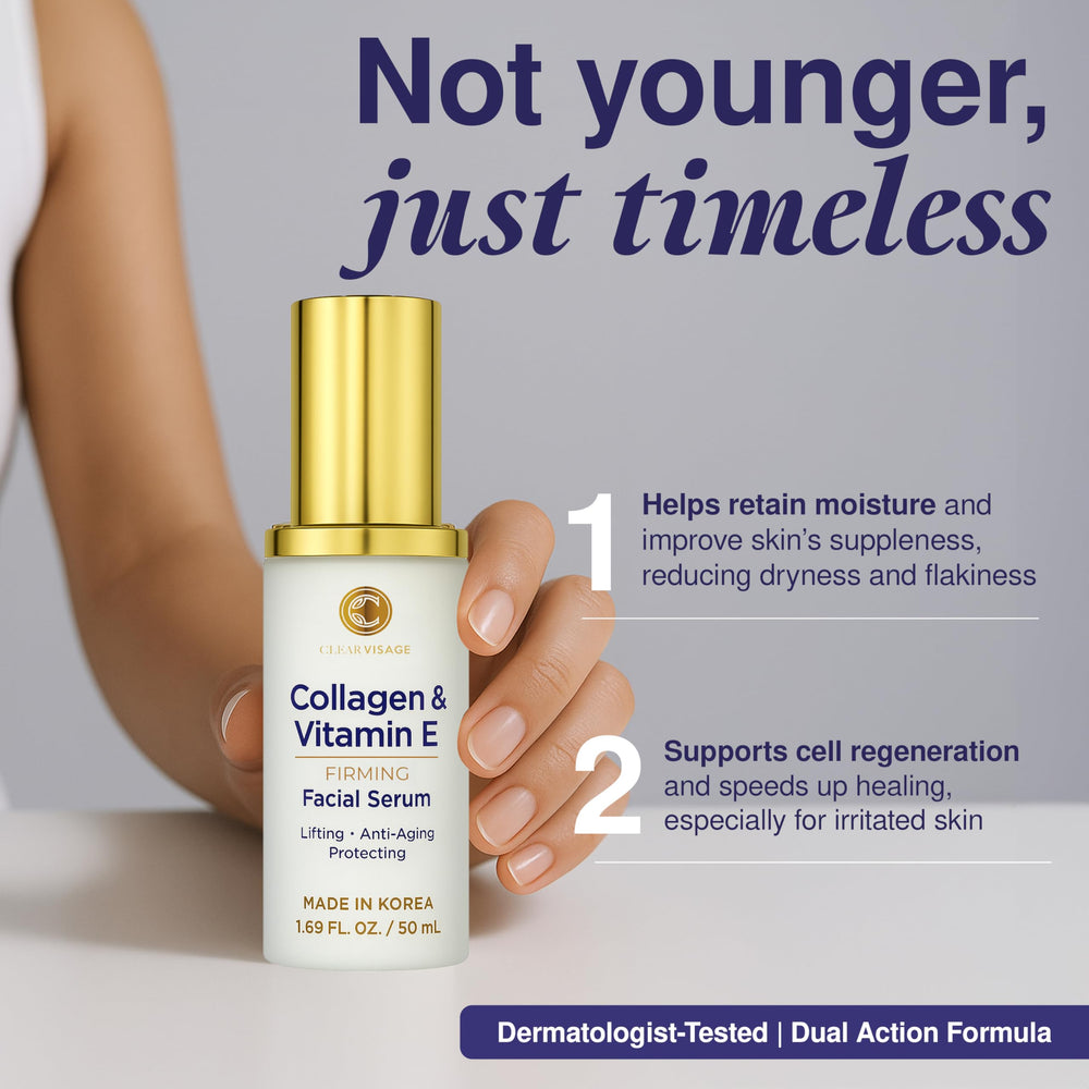 Clear Visage serum dropper ready for easy AM/PM application on skin.