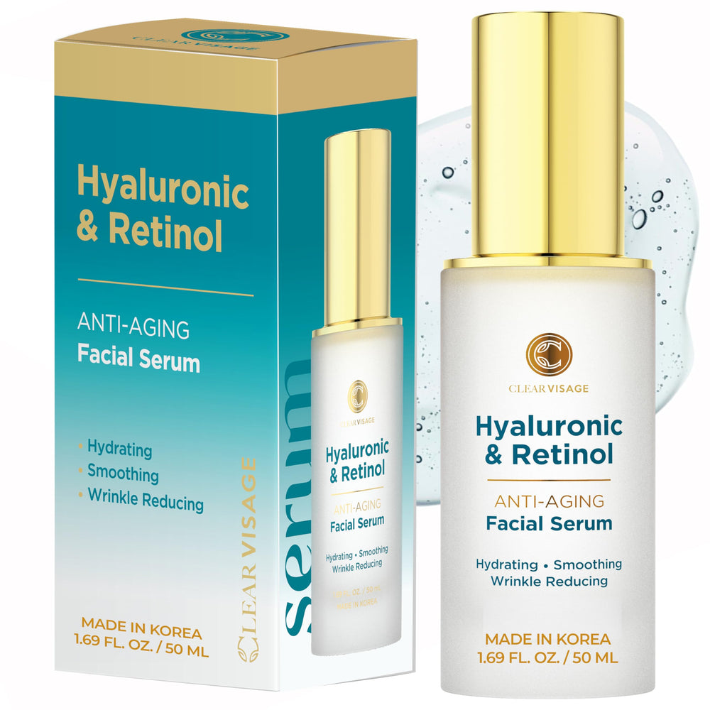 Clear Visage Hyaluronic Serum bottle with pump for easy nightly application.
