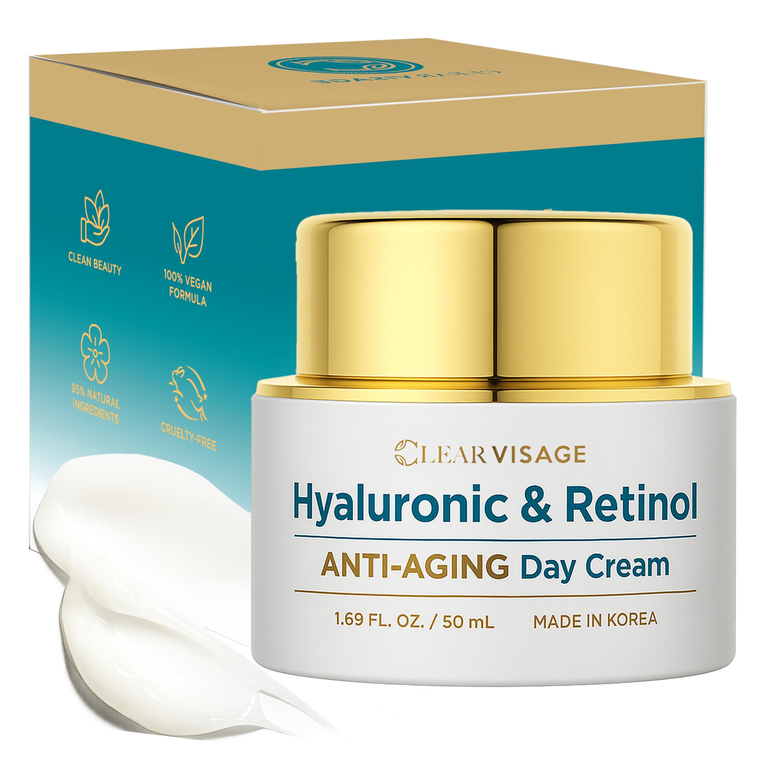 Clear Visage hyaluronic-retinol moisturizer bottle, lightweight hydration for dewy skin.