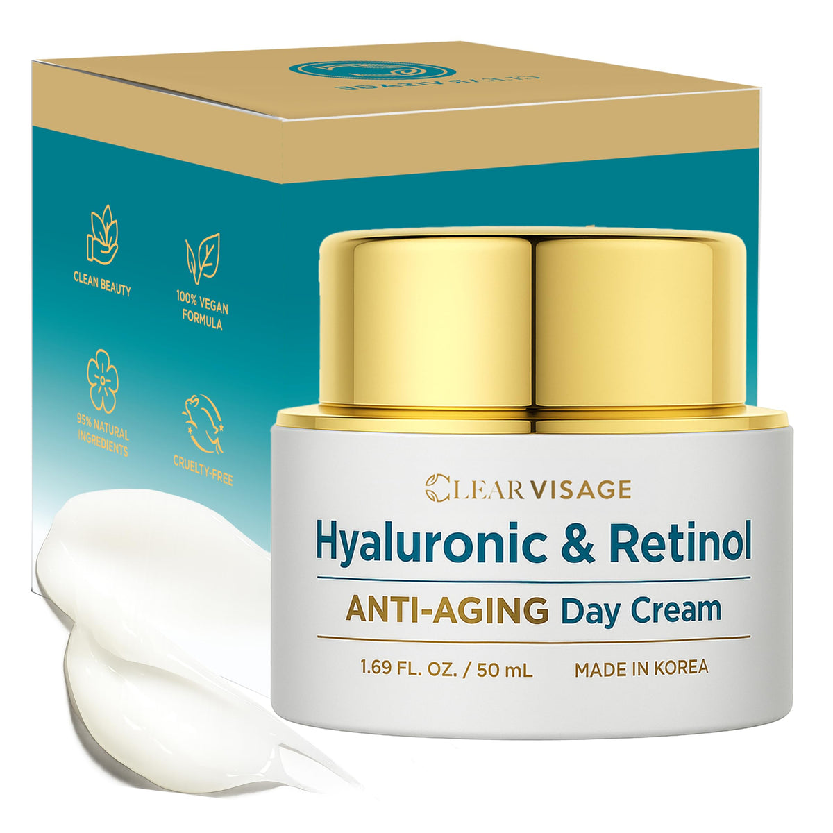 Clear Visage hyaluronic-retinol moisturizer bottle, lightweight hydration for dewy skin.