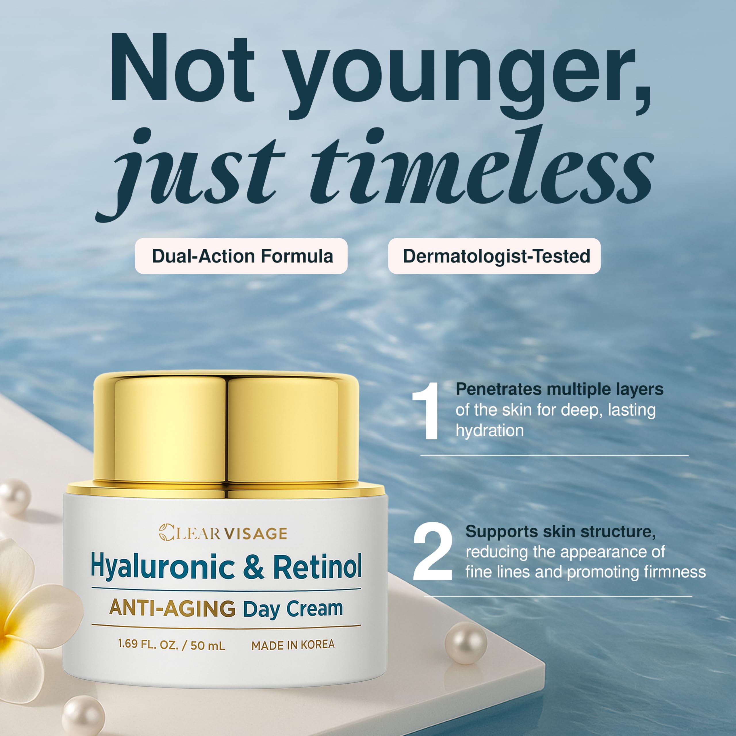 Clear Visage ingredient panel highlights hyaluronic acid and vitamin E for hydration.