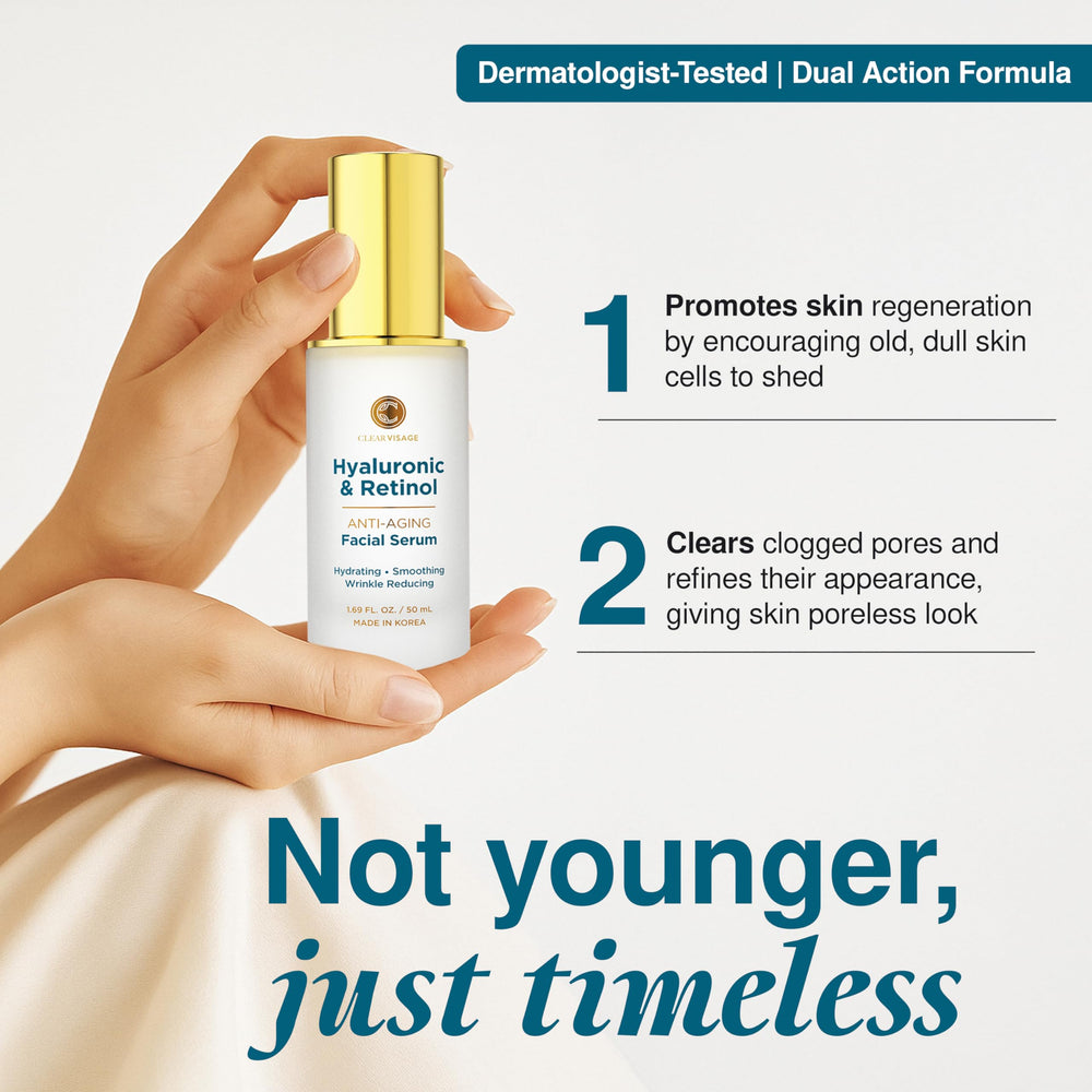 Drop of Clear Visage serum on hand showing lightweight hydration.