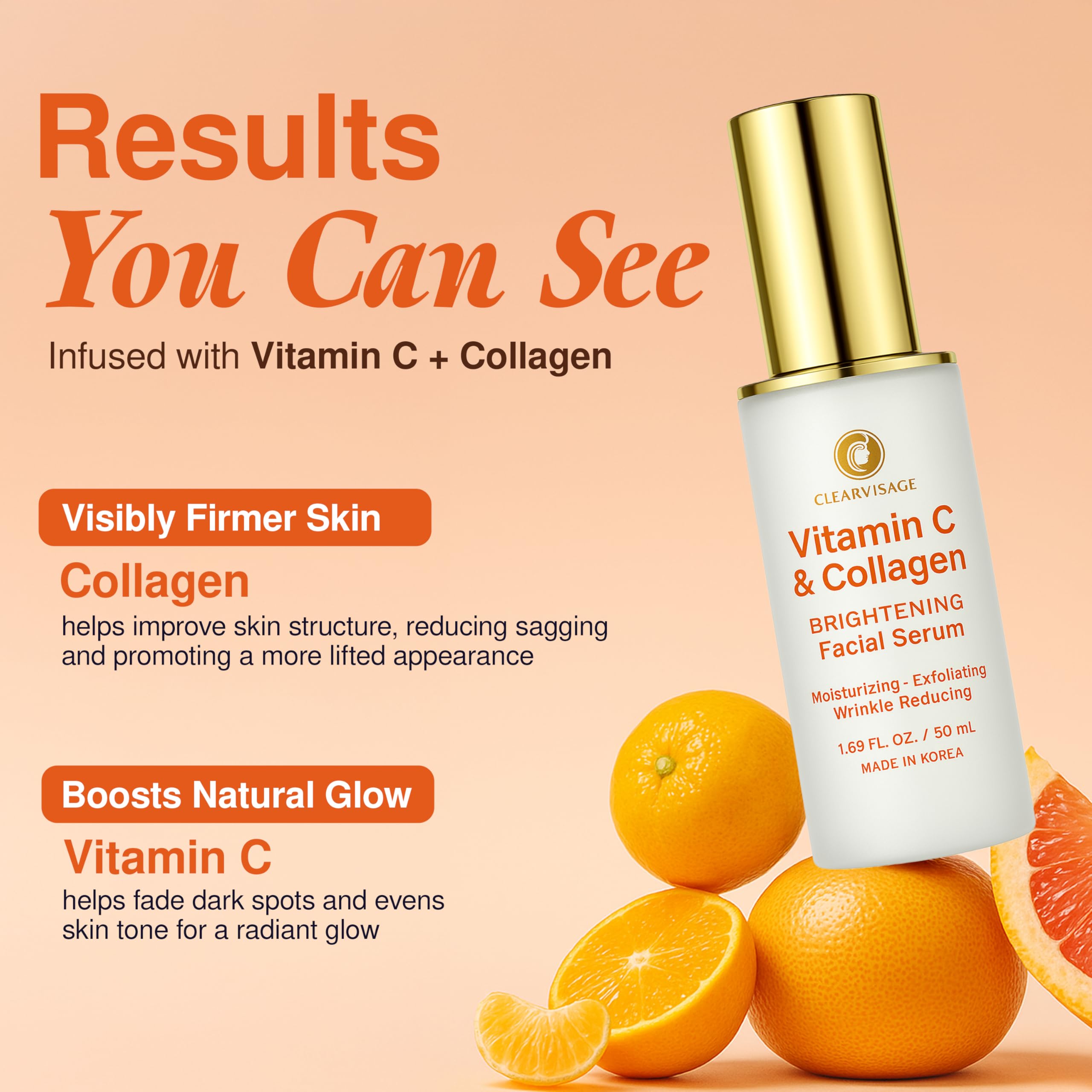 Label detail on Clear Visage serum emphasizes clean ingredients and derm-tested quality