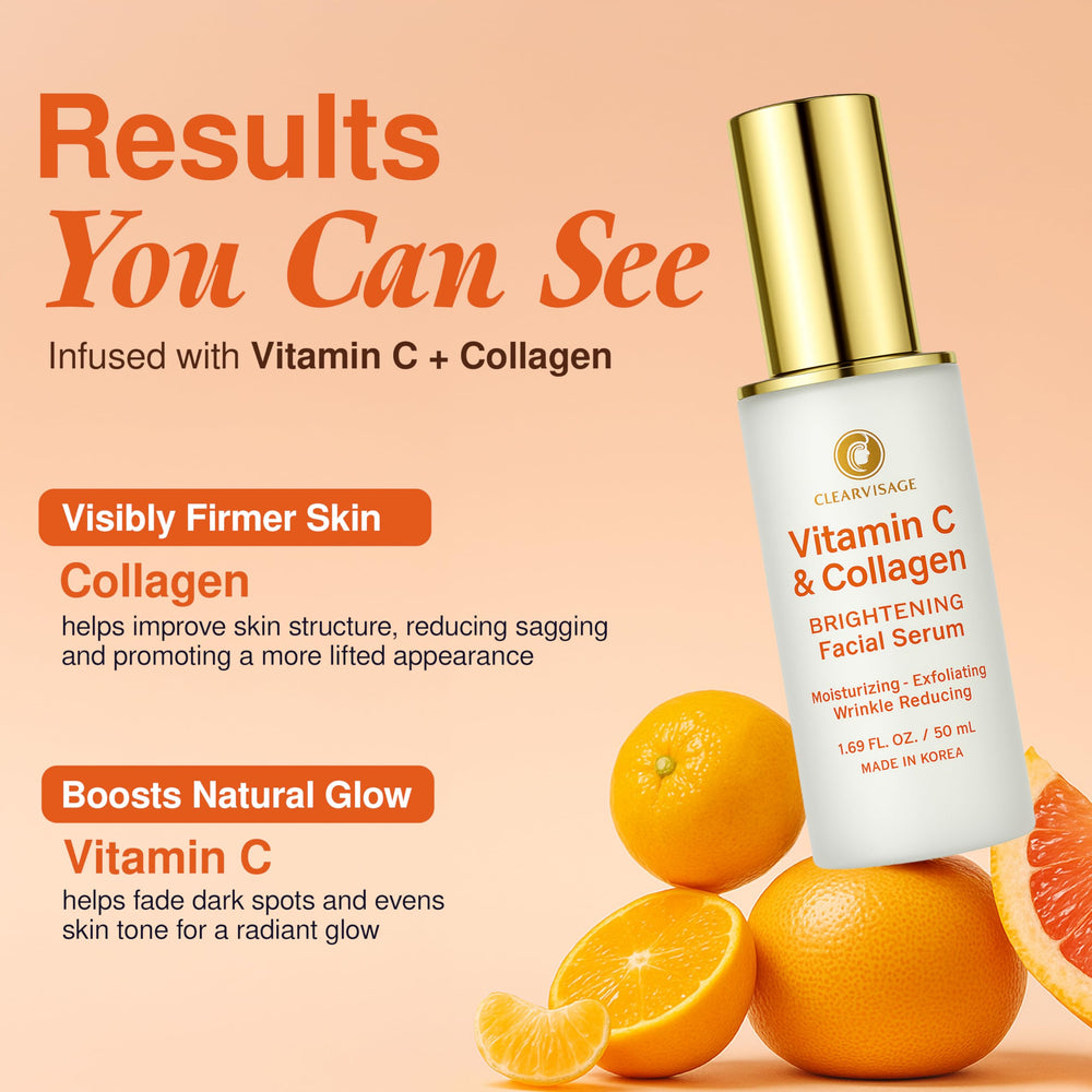 Label detail on Clear Visage serum emphasizes clean ingredients and derm-tested quality