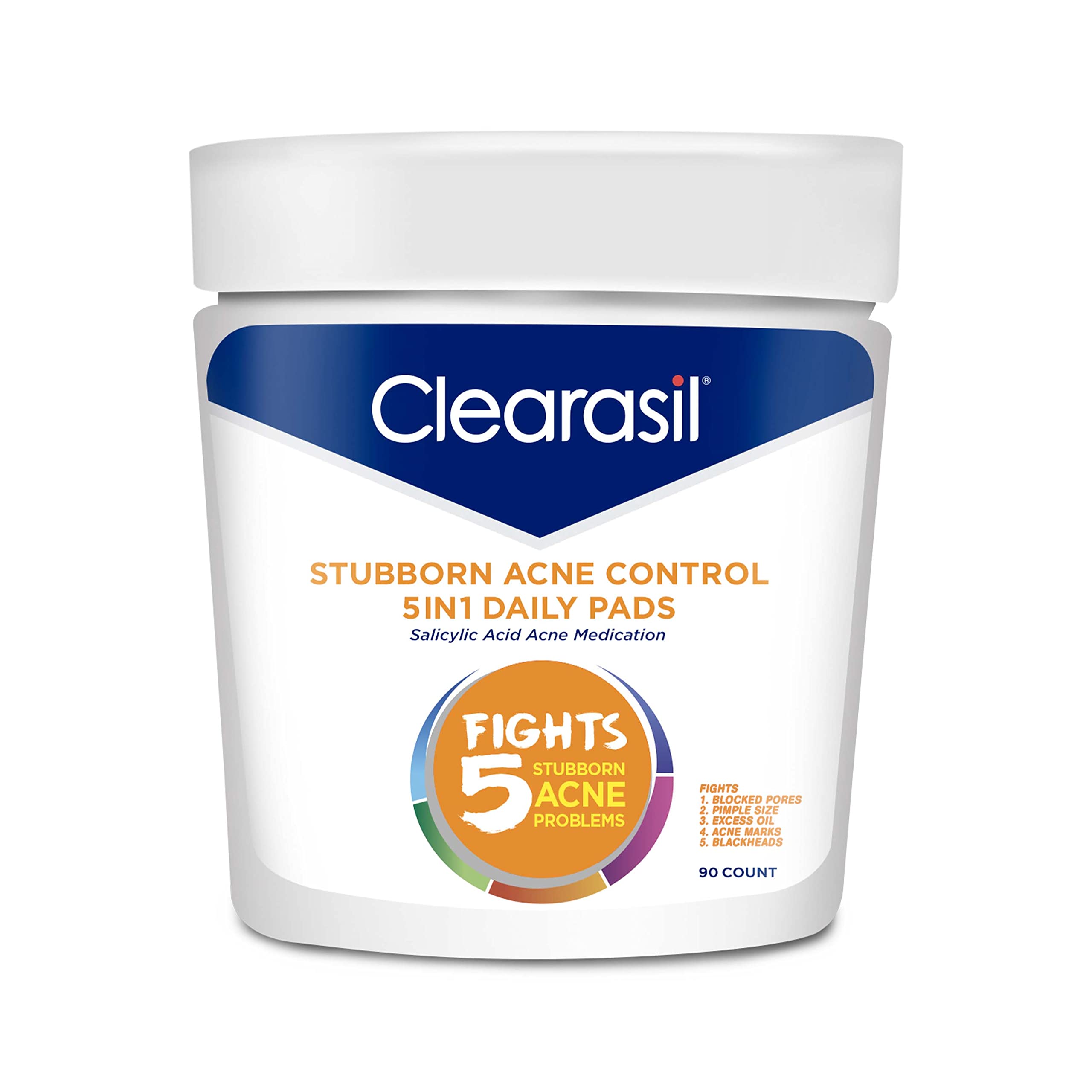 Clearasil Stubborn Acne Control 5in1 cleansing pads packaging ready for daily use.