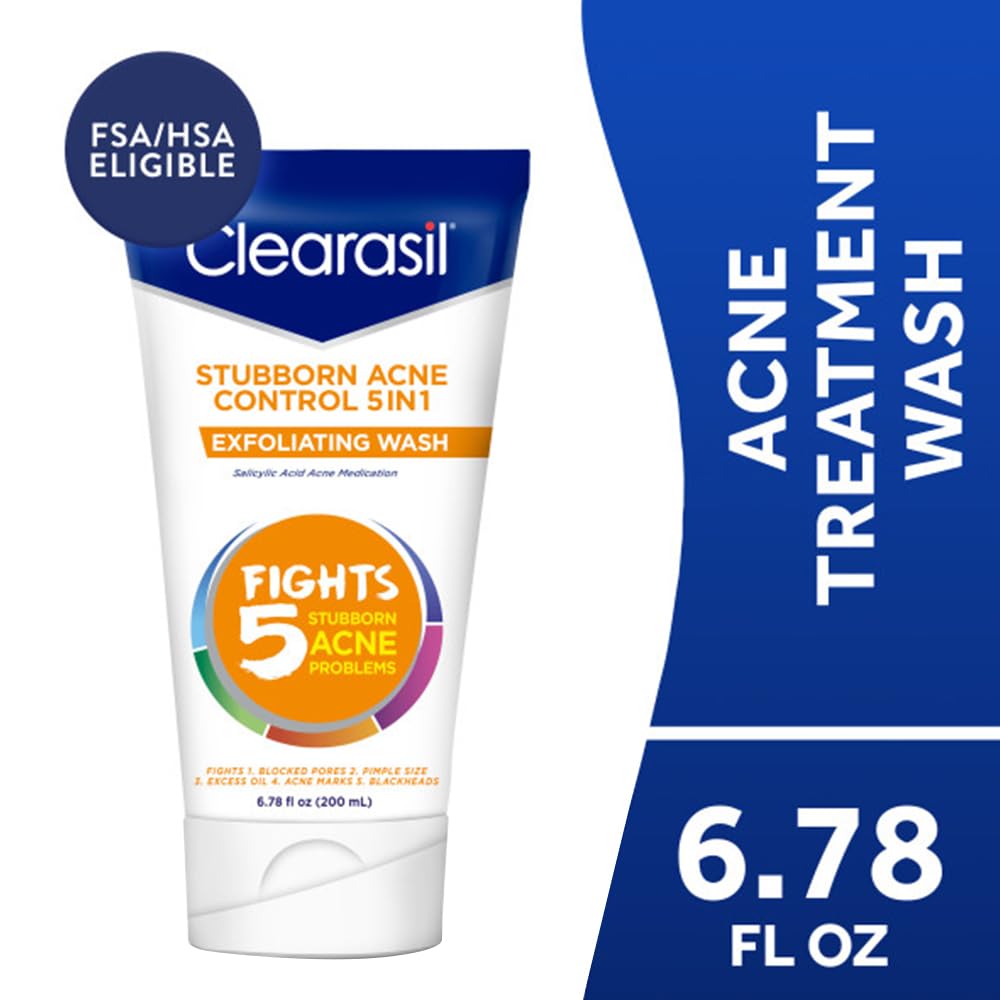 Clearasil Stubborn Acne Control bottle side highlights exfoliating beads