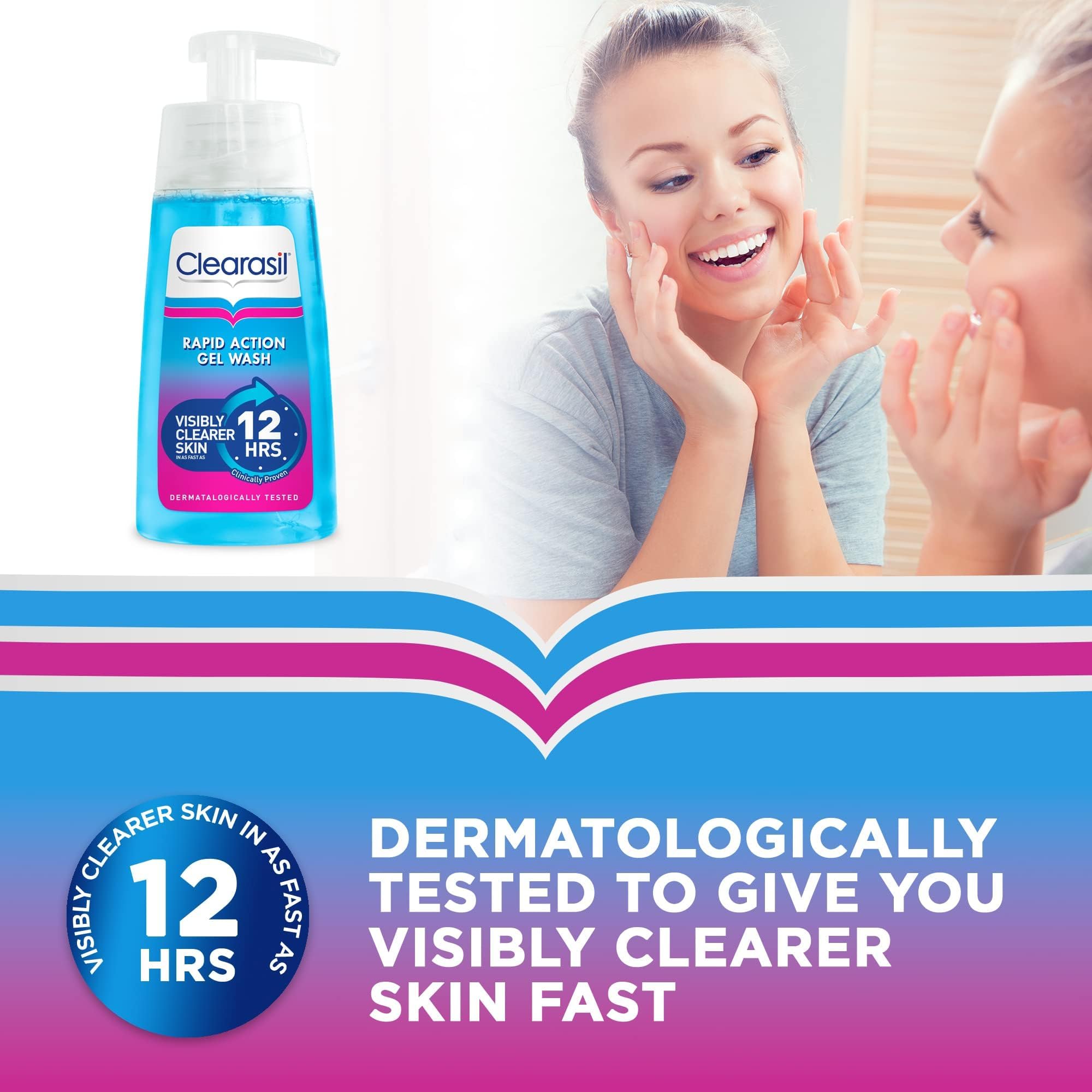 Clearasil Ultra Rapid Action Gel Wash on bathroom shelf with water droplets offers refreshing cleanse.