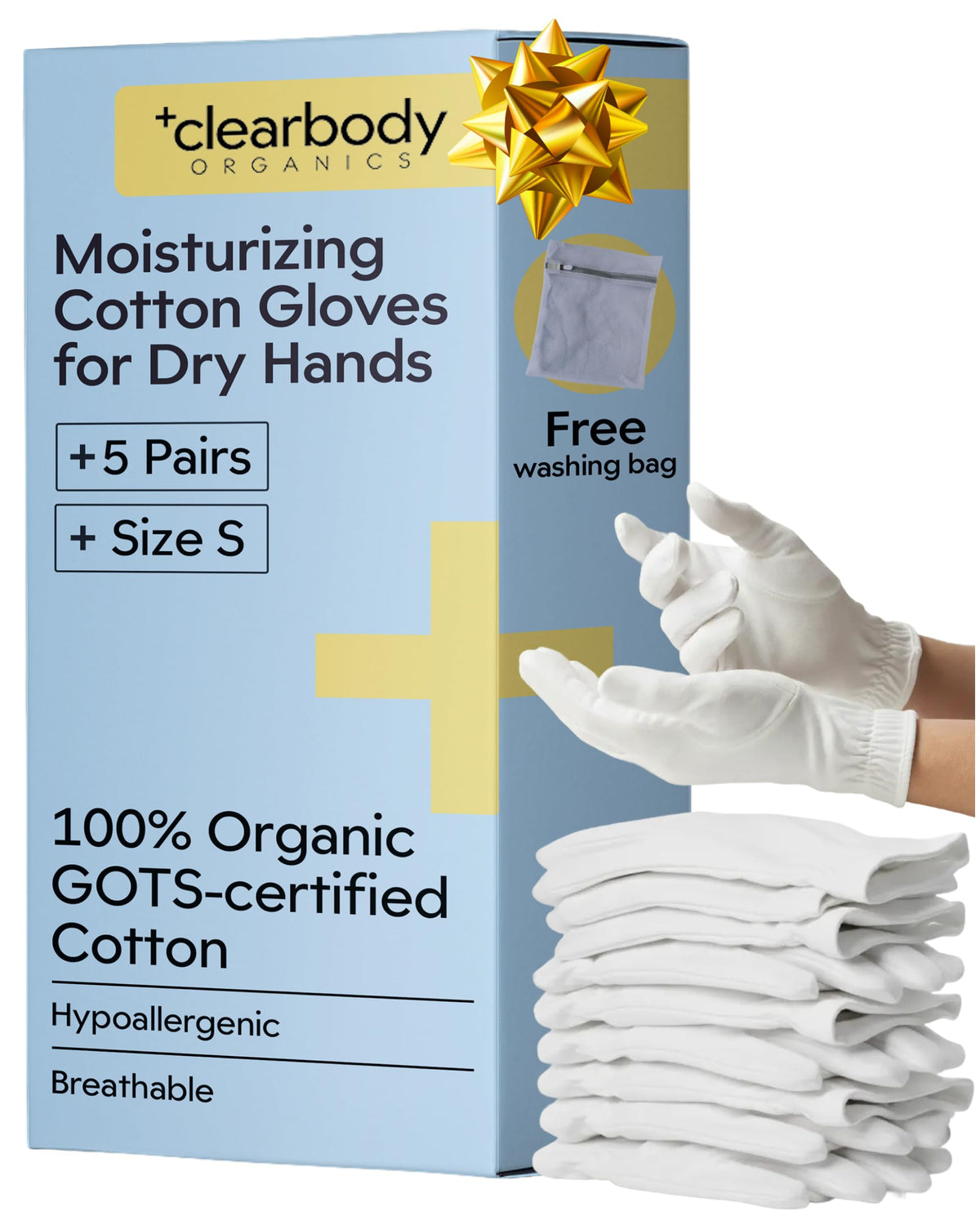 Clearbody Organics 5-pair small gloves in compact packaging for easy storage.