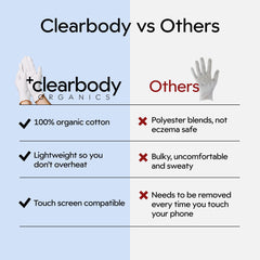 Clearbody Organics gloves on hands highlight breathable fabric and comfort.