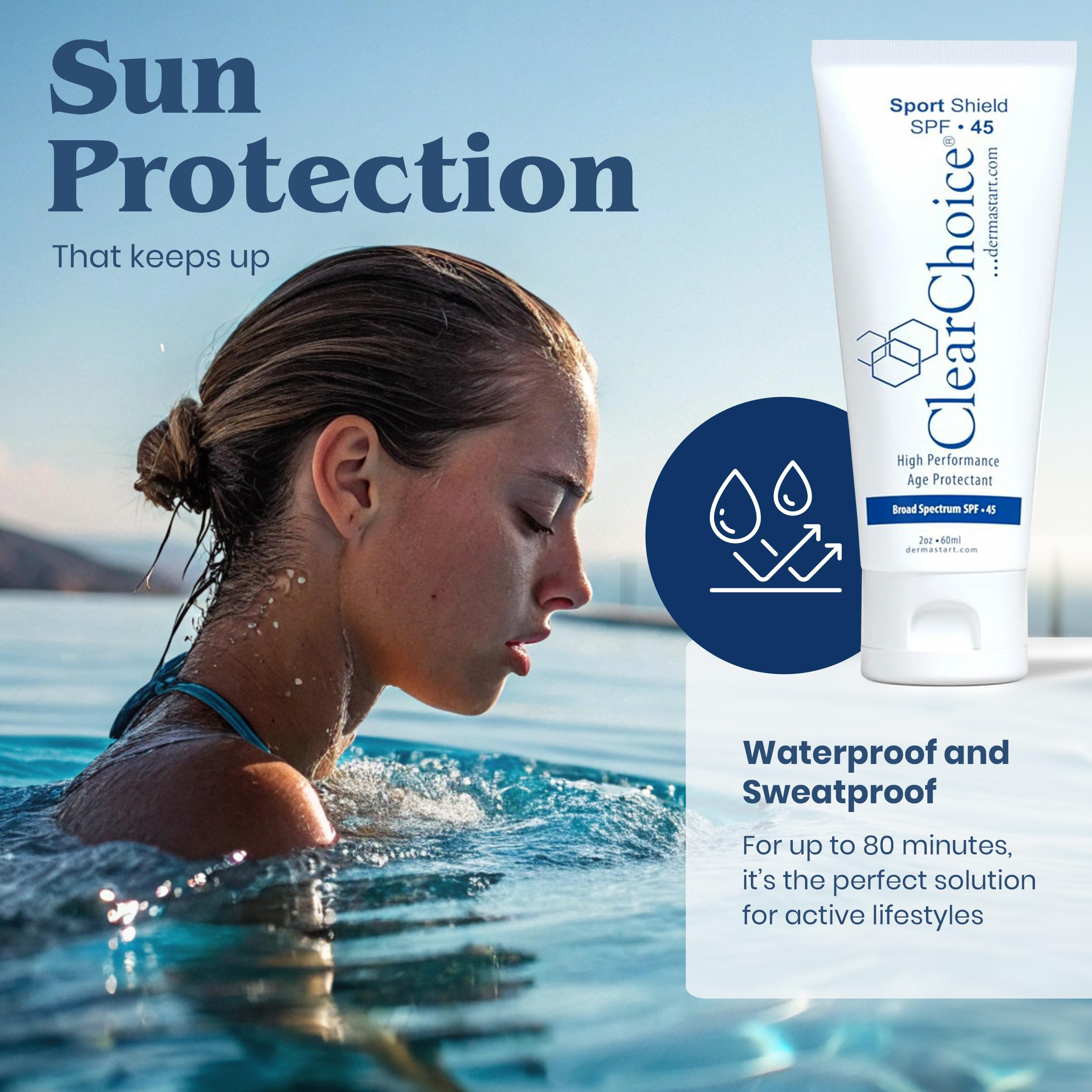 ClearChoice Sport Shield SPF 45 bottle with accompanying hydrating and protective benefits.