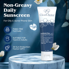 ClearChoice Sun Shield Plus SPF 30 label promises non-greasy protection