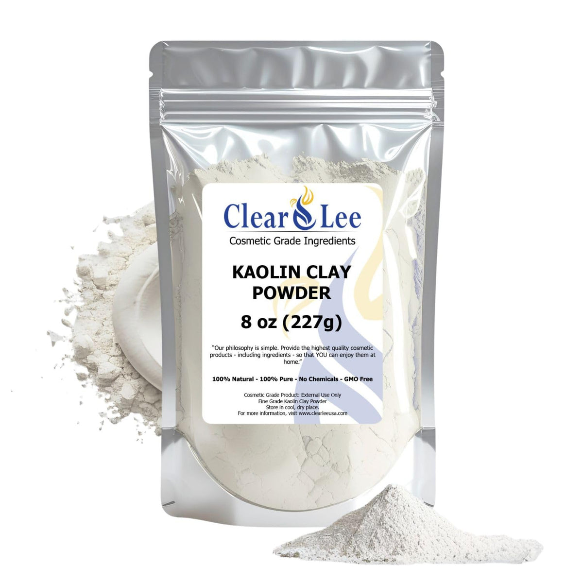 ClearLee Kaolin clay powder in mylar bag packaging for clean storage and convenience.