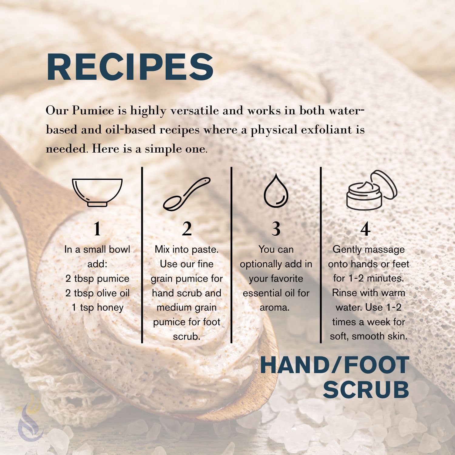 Pumice blends easily with oils and soaps for custom DIY formulations