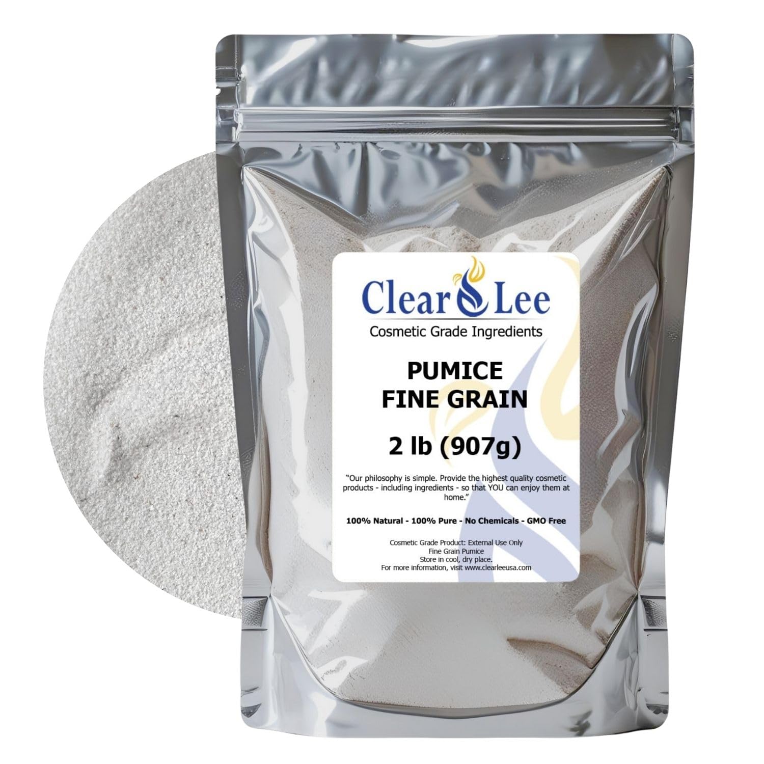ClearLee cosmetic grade pumice packaging highlights eco-friendly exfoliant for at home skincare