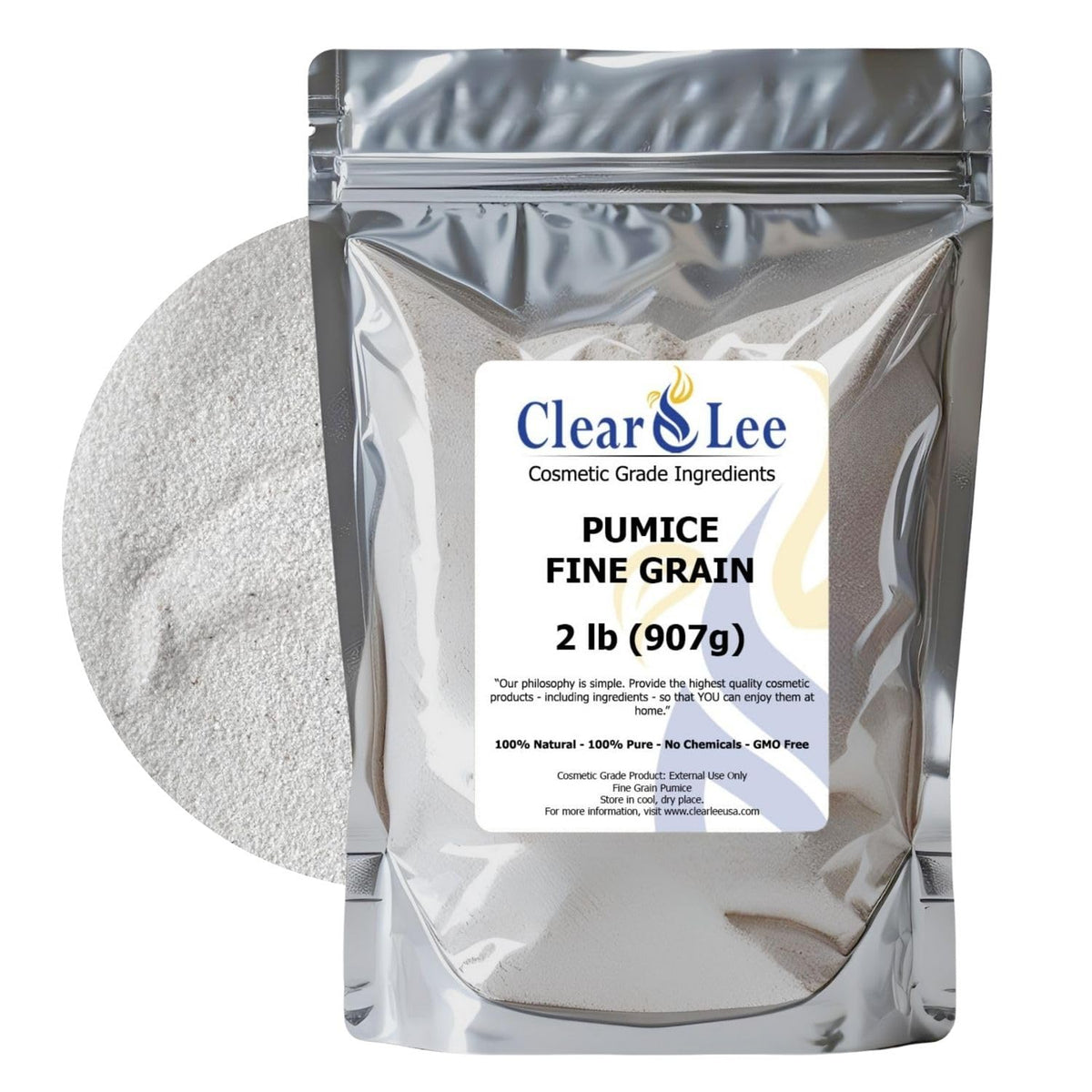 ClearLee cosmetic grade pumice packaging highlights eco-friendly exfoliant for at home skincare