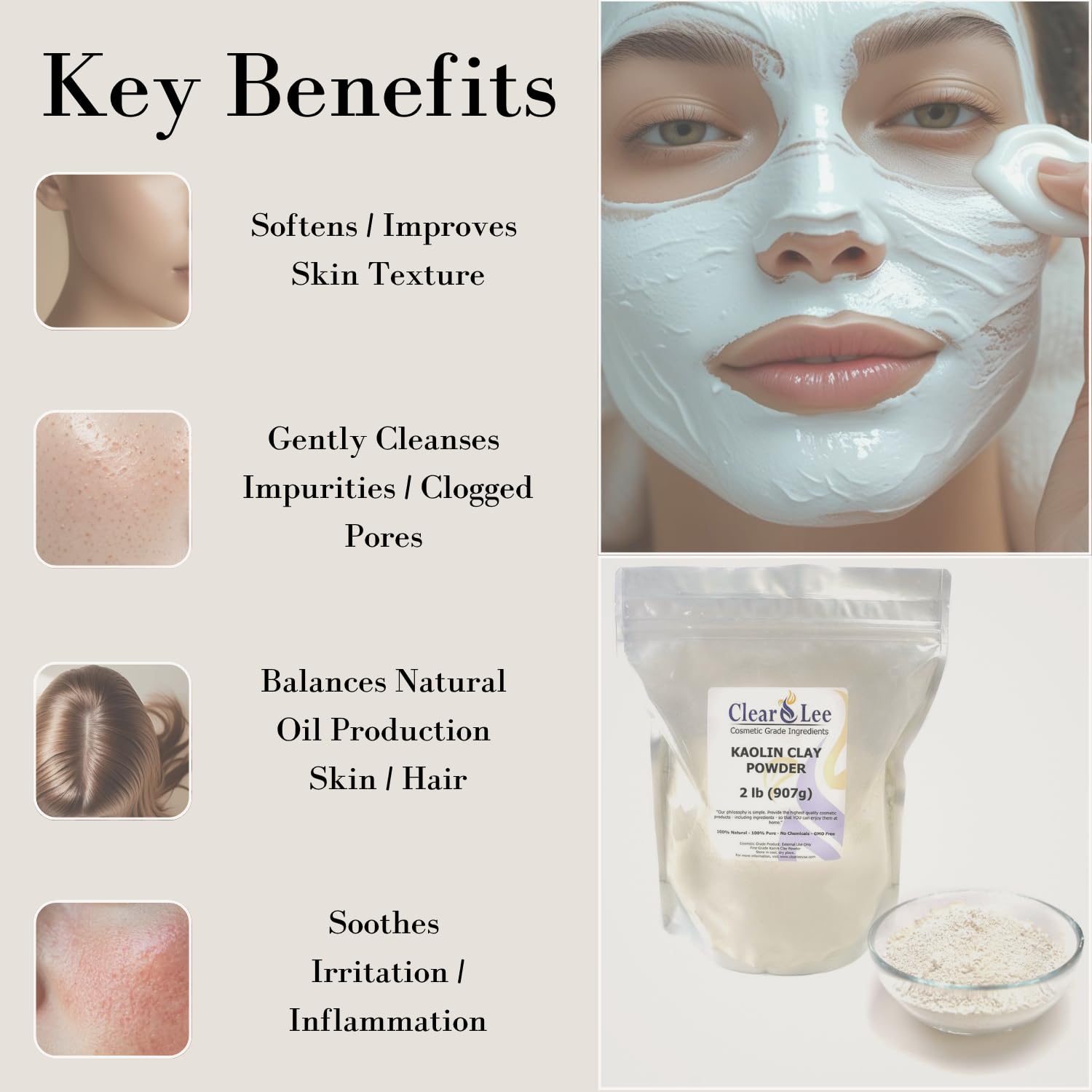 ClearLee Kaolin Clay texture close-up highlights ultra-fine powder ideal for smooth masks