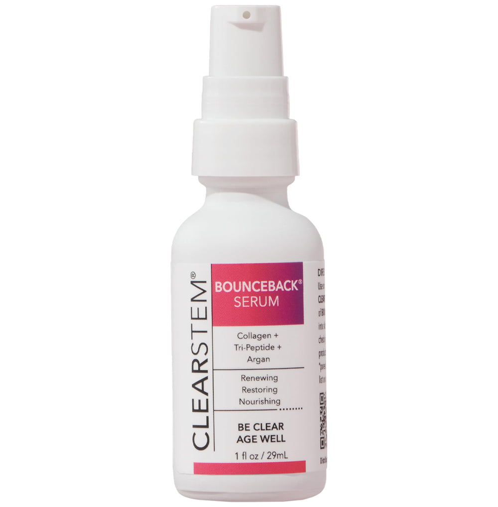 CLEARSTEM BounceBack serum bottle closeup showing radiant, hydrated-looking skin benefits
