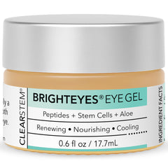 CLEARSTEM BrightEYES eye gel bottle with pump showing cooling formula for puffiness relief