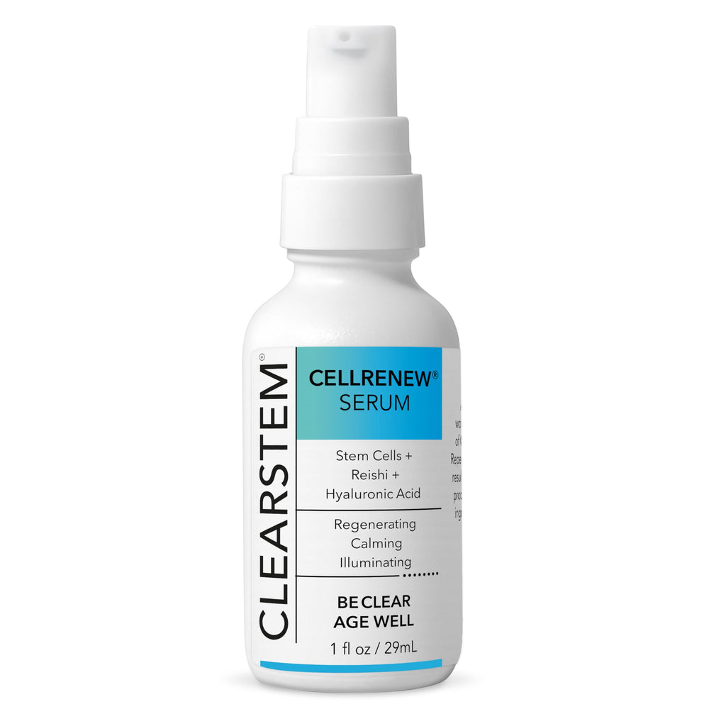 CLEARSTEM CELLRENEW bottle with pump enables easy daily use for balanced, smoother skin.
