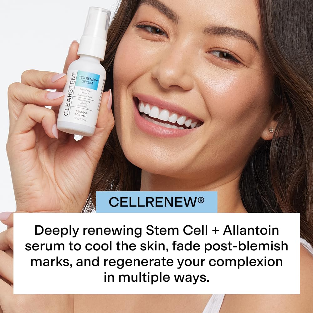 CLEARSTEM CELLRENEW serum-application shows massage for radiant, even-toned skin.