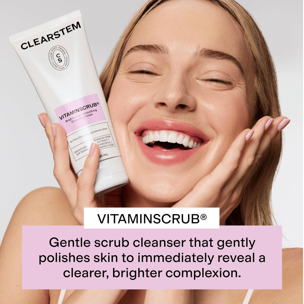CLEARSTEM VitaminScrub bamboo particles polish skin and refine texture.