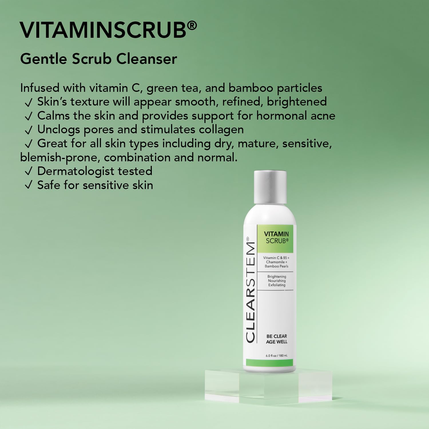 CLEARSTEM VitaminScrub green tea hint suggesting calming antioxidant benefits