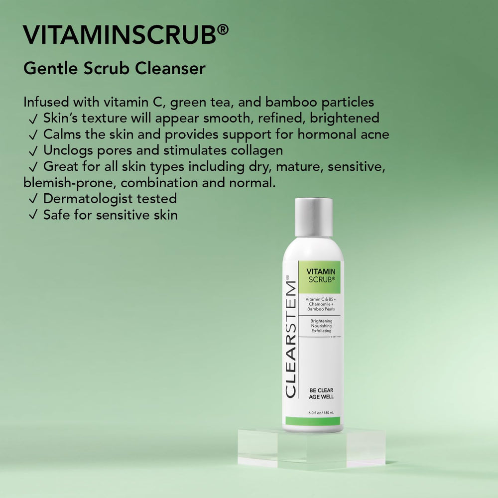 CLEARSTEM VitaminScrub green tea hint suggesting calming antioxidant benefits
