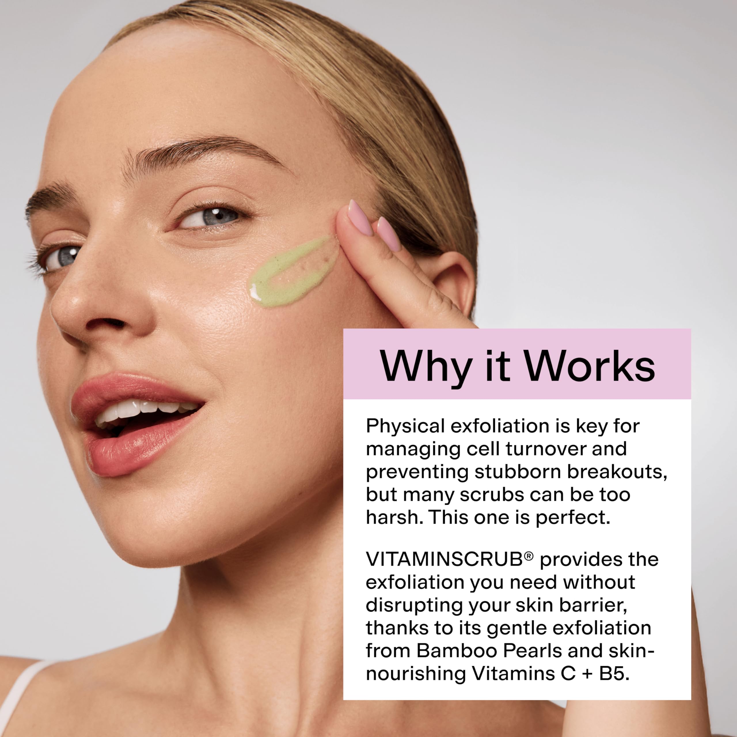 CLEARSTEM VitaminScrub jar and label highlight clean, non-comedogenic formula.
