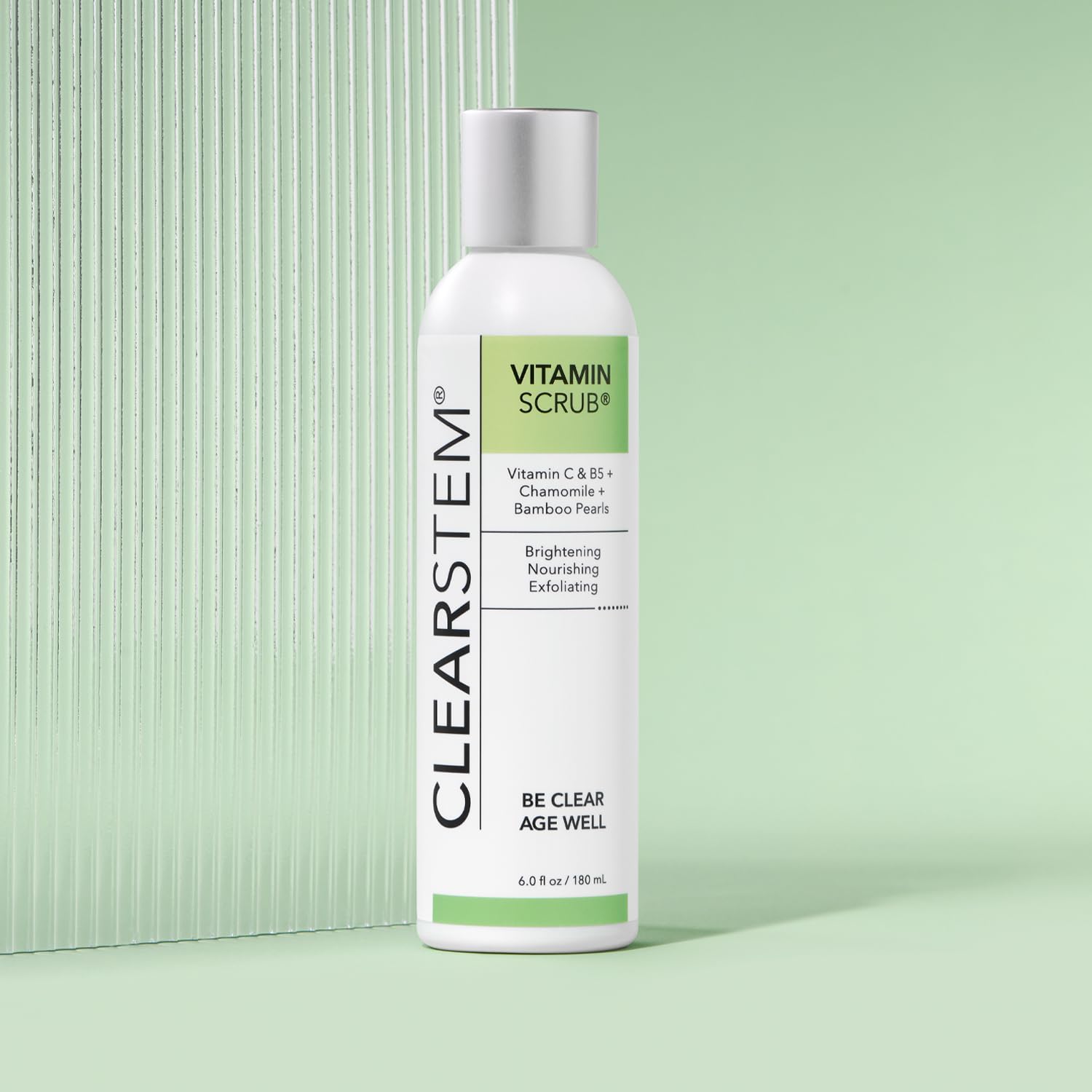 CLEARSTEM VitaminScrub rinse imagery showing easy wash-off after exfoliation