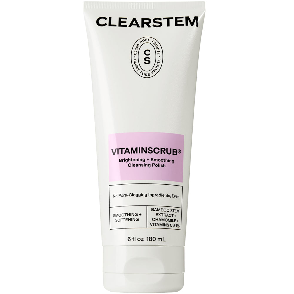 CLEARSTEM VitaminScrub texture closeup highlighting gentle exfoliation with bamboo particles.