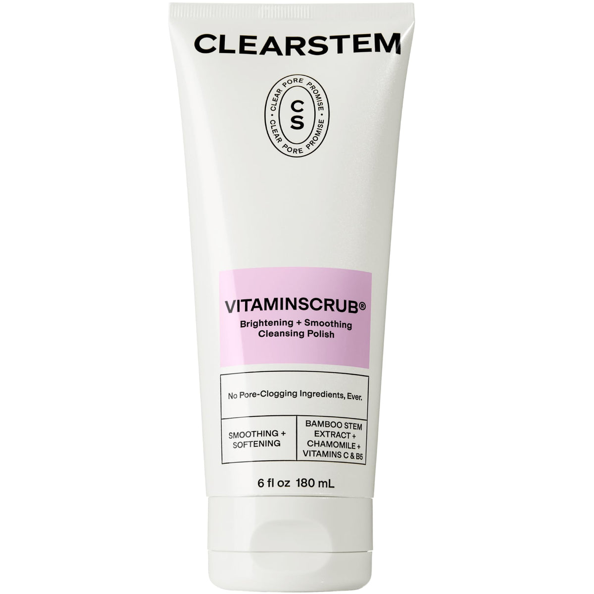 CLEARSTEM VitaminScrub texture closeup highlighting gentle exfoliation with bamboo particles.