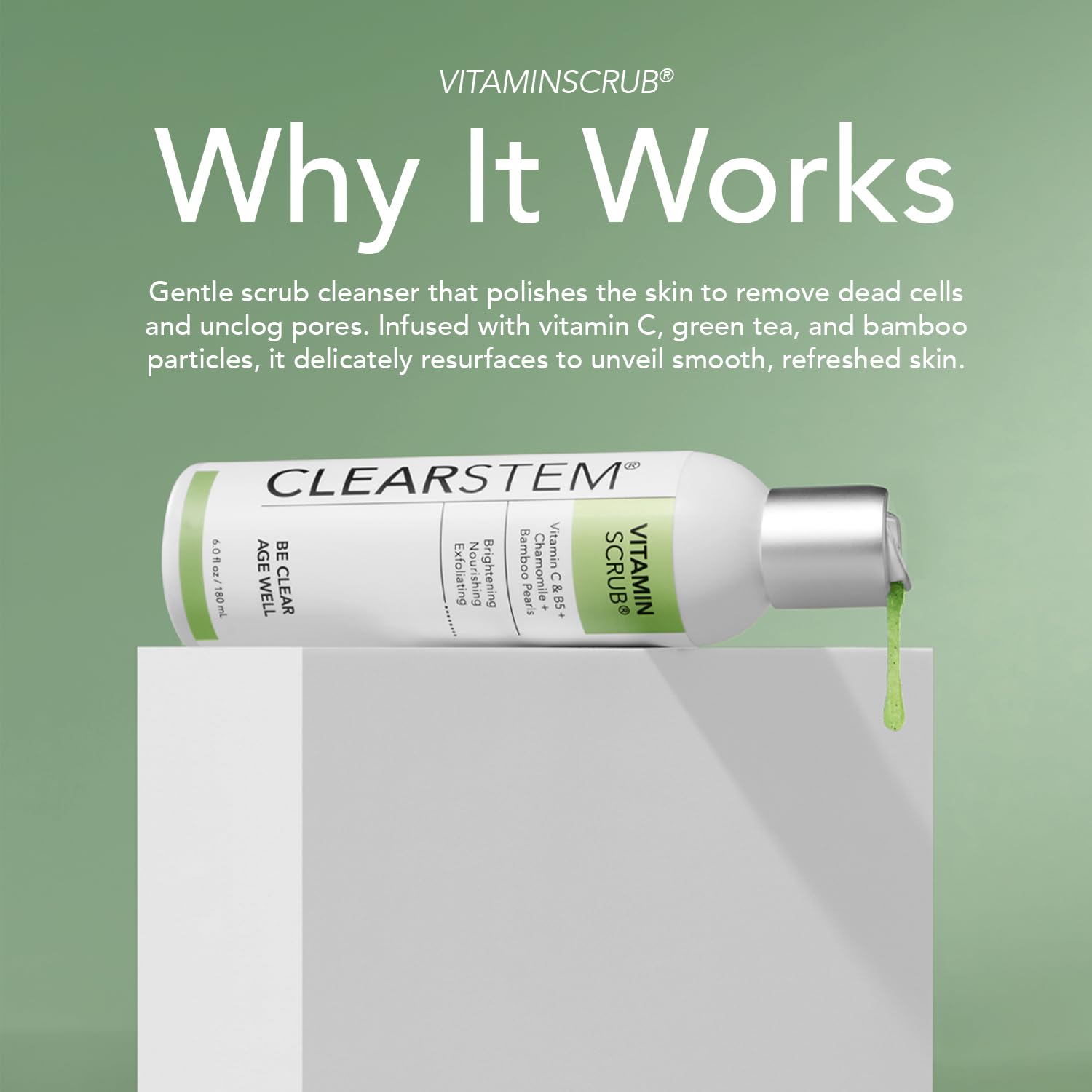 CLEARSTEM VitaminScrub texture swatch with gentle beads for pore-friendly exfoliation