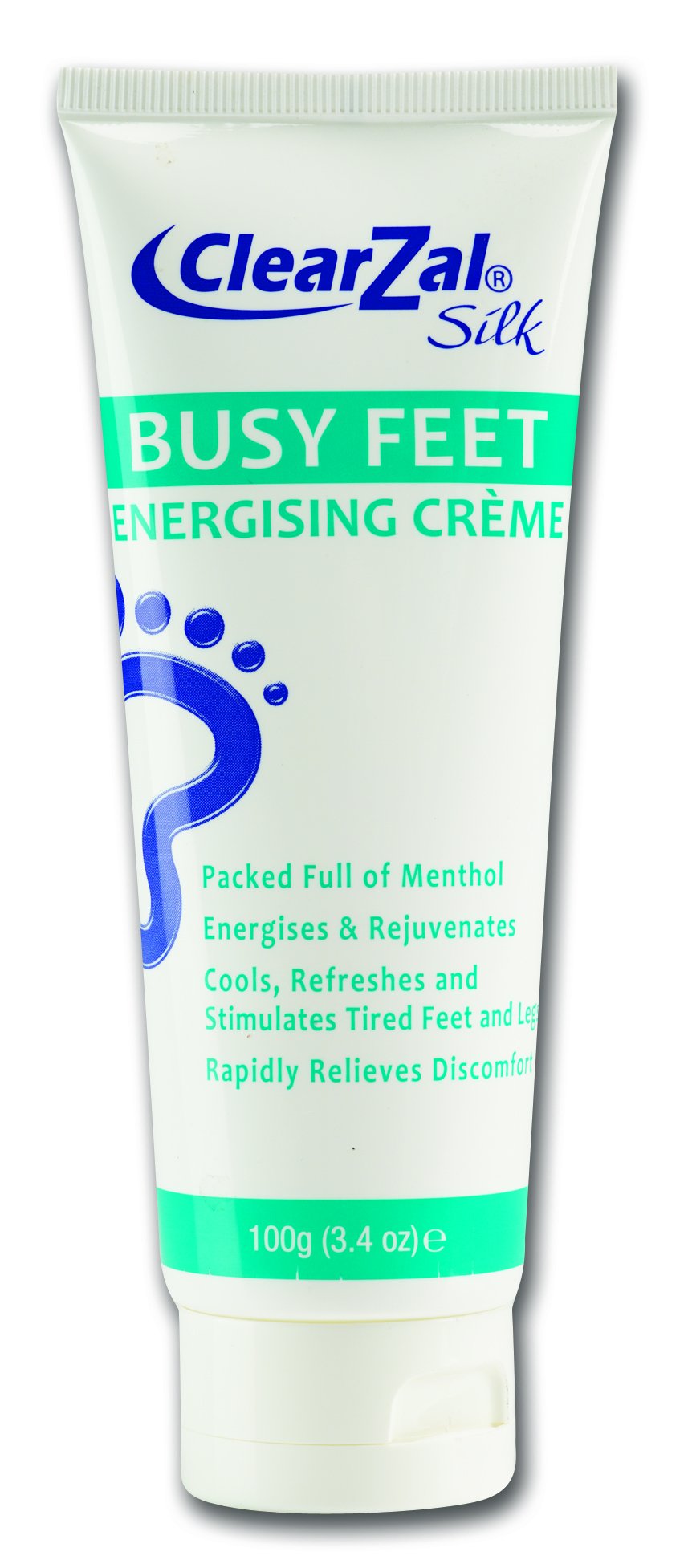 Clearzal Busy Feet cooling cream tube provides refreshing relief for tired feet.